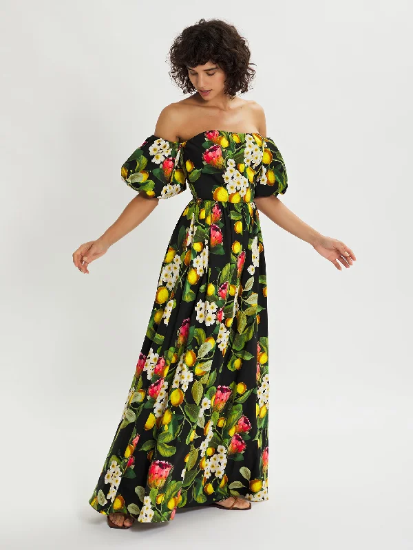 Juliet Floral Cotton Maxi Dress – Black