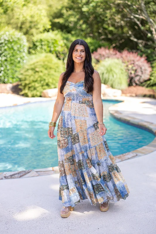 Boho Patchwork Blue Maxi Dress